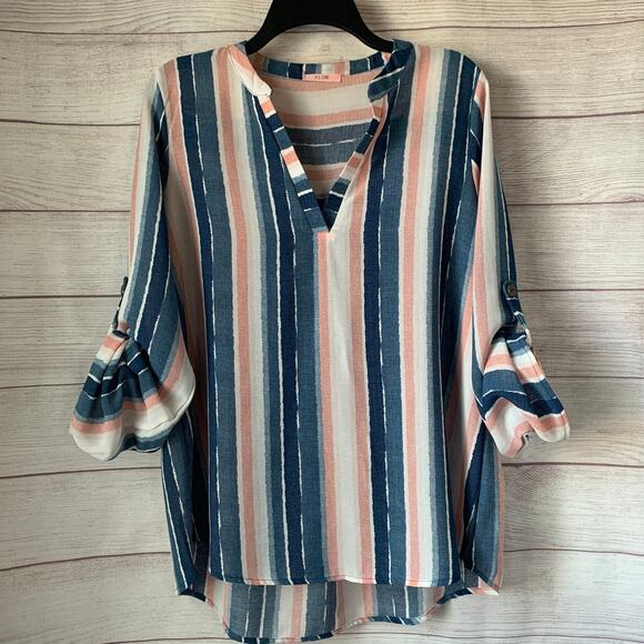 P.S. Love Blue and Pink Striped Long Sleeve Shirt Roll Tab Long Sleeves Size L - Picture 1 of 15